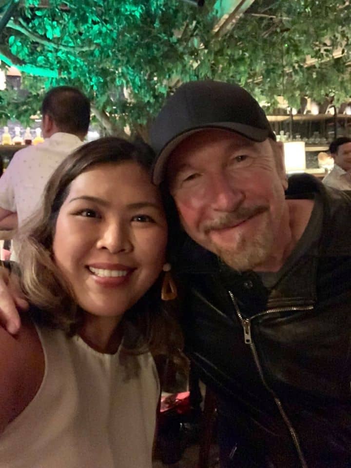 David Howell Evans, known as "The Edge," with interior designer Nina Santamaria. David Howell Evans, known as "The Edge," with interior designer Nina Santamaria.